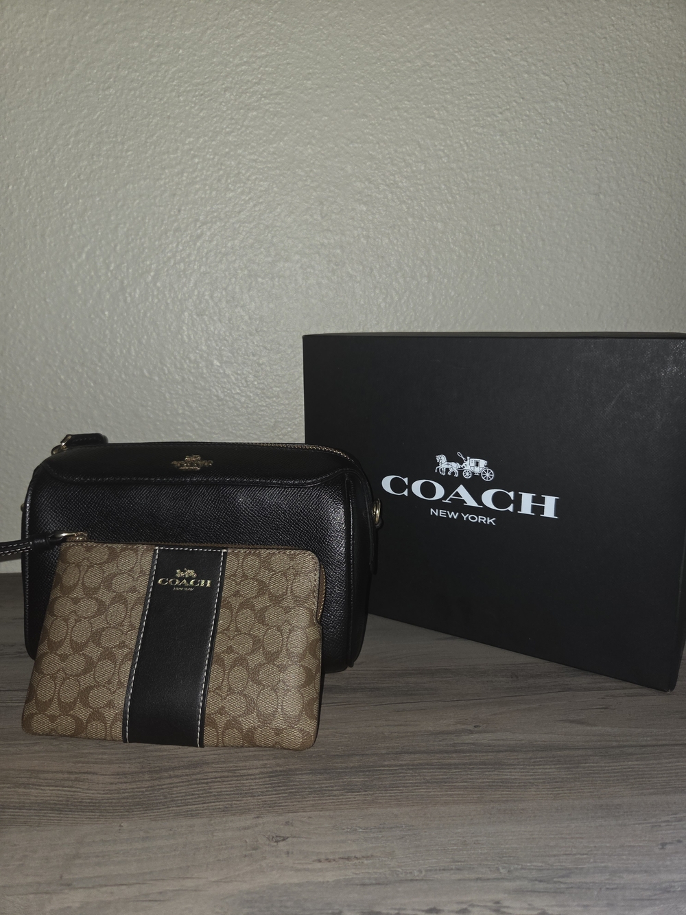Coach Black Leather Crossbody with Brown Signature Canvas Wallet